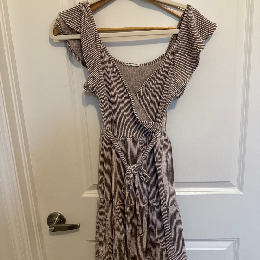 Caution to the Wind Brown & White Striped Ruffle Wrap Dress, Size S